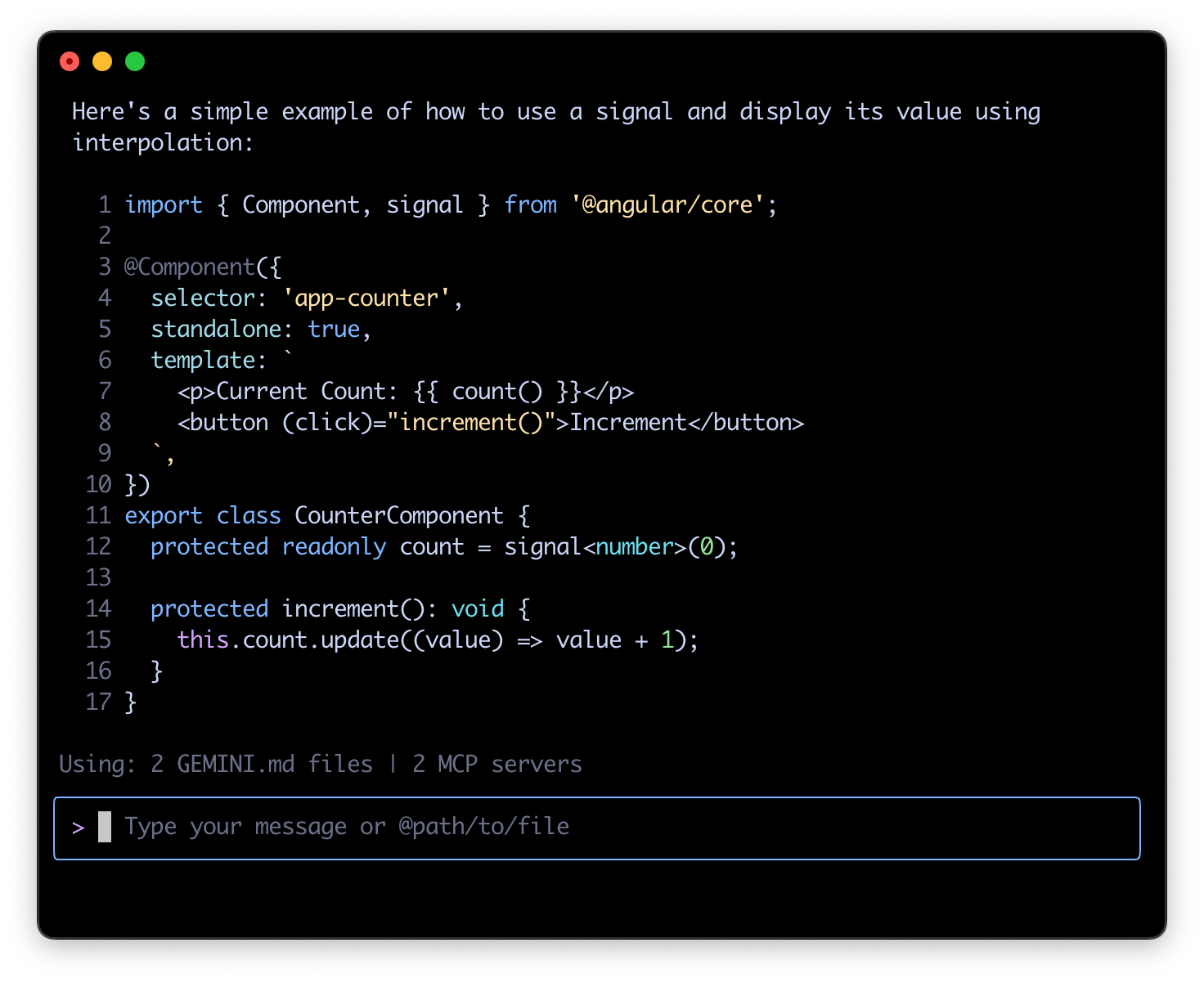 A screenshot of the Angular AI Tutor showing a code example.