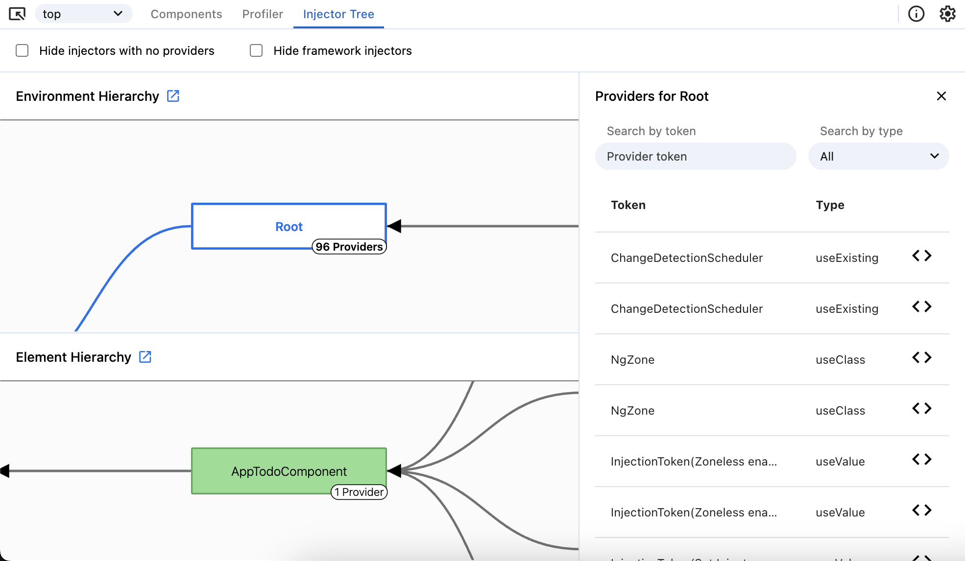 A screenshot of the 'Profiler' tab displaying how providers are made visible when an injector is selected.