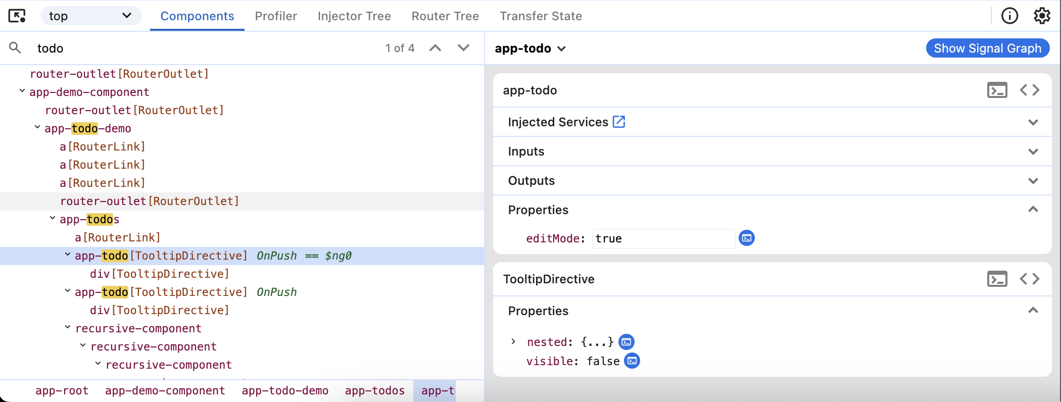 A screenshot of the 'Components' tab with the properties view open for a component. An `@Input` named `todo` contains a `label` property which is currently selected and has been manually updated to the value 'Buy milk'.